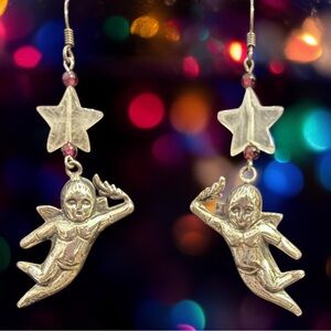 OOAK 925 Sterling Double-Sided Cherub Star Garnet Earring